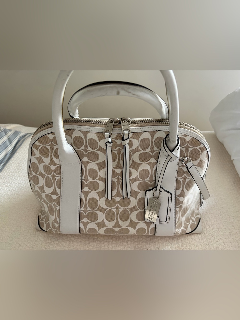Coach Signature Canvas Satchel in Beige with White Trim